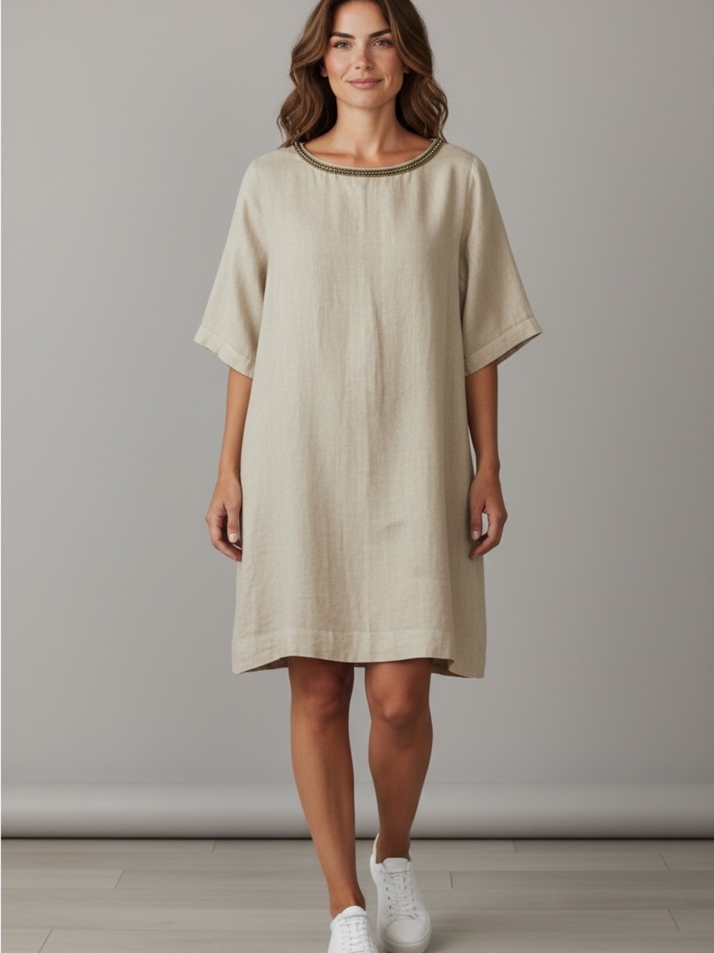 Linen Short-Sleeve Tunic Dress with Embellished Neckline by 120% Lino